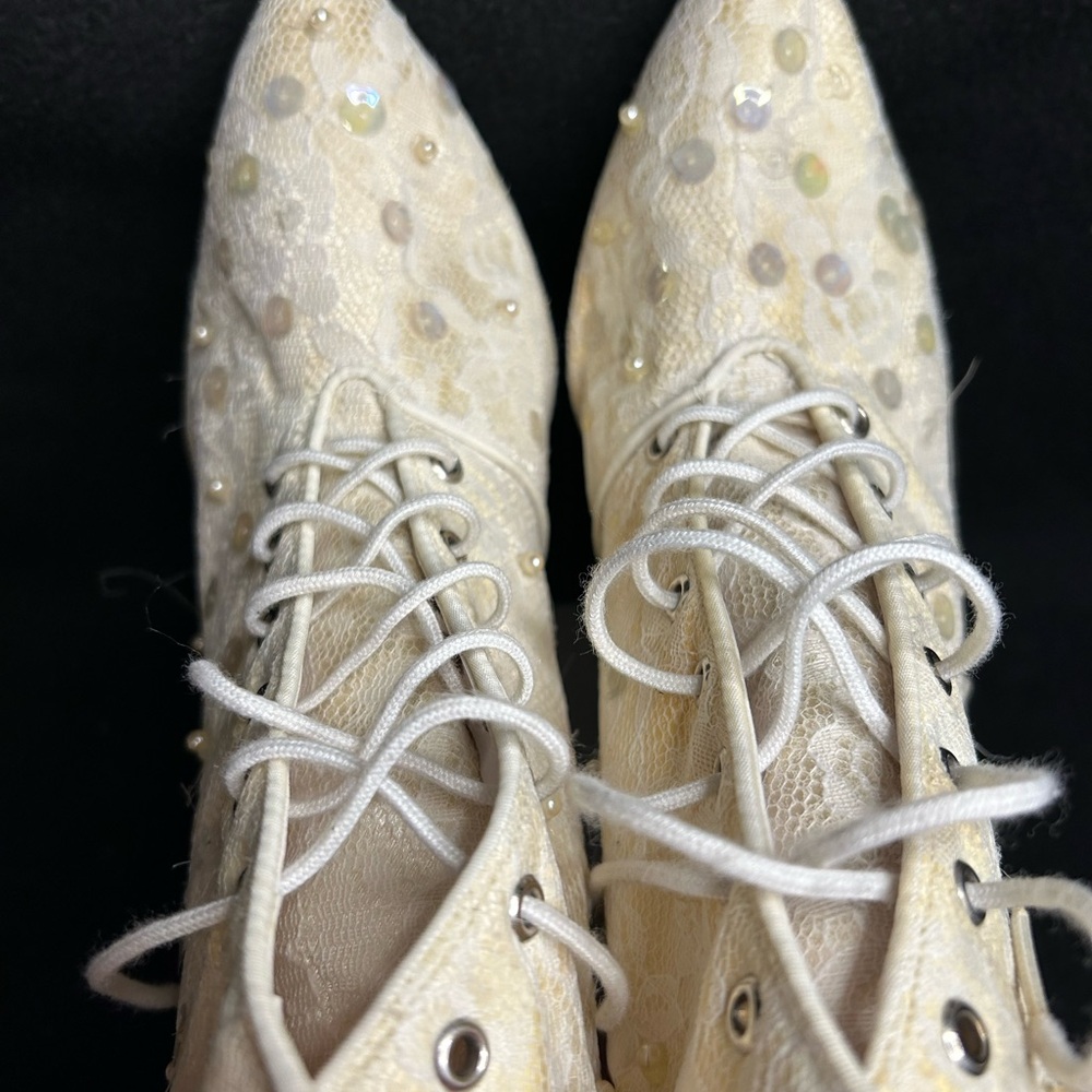 Vintage Aphrodite Heeled Bridal Boots with Lace custom hand beaded & sequined. - Picture 7 of 11